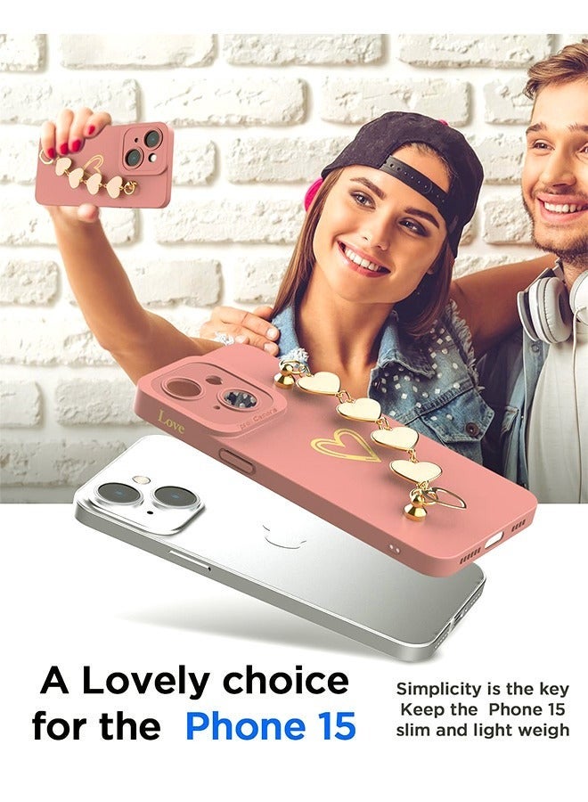 Captaintech Compatible With iPhone 15 Case For Women With Full Camera Lens Protection And Hand Strip Loop, Silicone Heart Girly Lovely Side Soft Slim Shockproof Protective Cover Pink - Image 3
