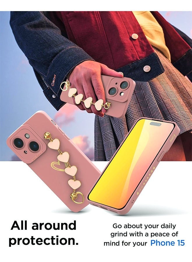 Captaintech Compatible With iPhone 15 Case For Women With Full Camera Lens Protection And Hand Strip Loop, Silicone Heart Girly Lovely Side Soft Slim Shockproof Protective Cover Pink - Image 2