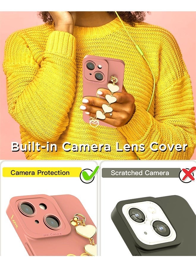 Captaintech Compatible With iPhone 15 Case For Women With Full Camera Lens Protection And Hand Strip Loop, Silicone Heart Girly Lovely Side Soft Slim Shockproof Protective Cover Pink - Image 4