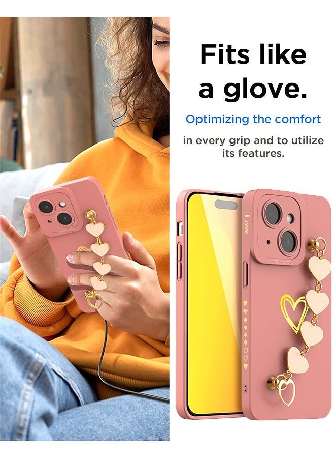 Captaintech Compatible With iPhone 15 Case For Women With Full Camera Lens Protection And Hand Strip Loop, Silicone Heart Girly Lovely Side Soft Slim Shockproof Protective Cover Pink - Image 5