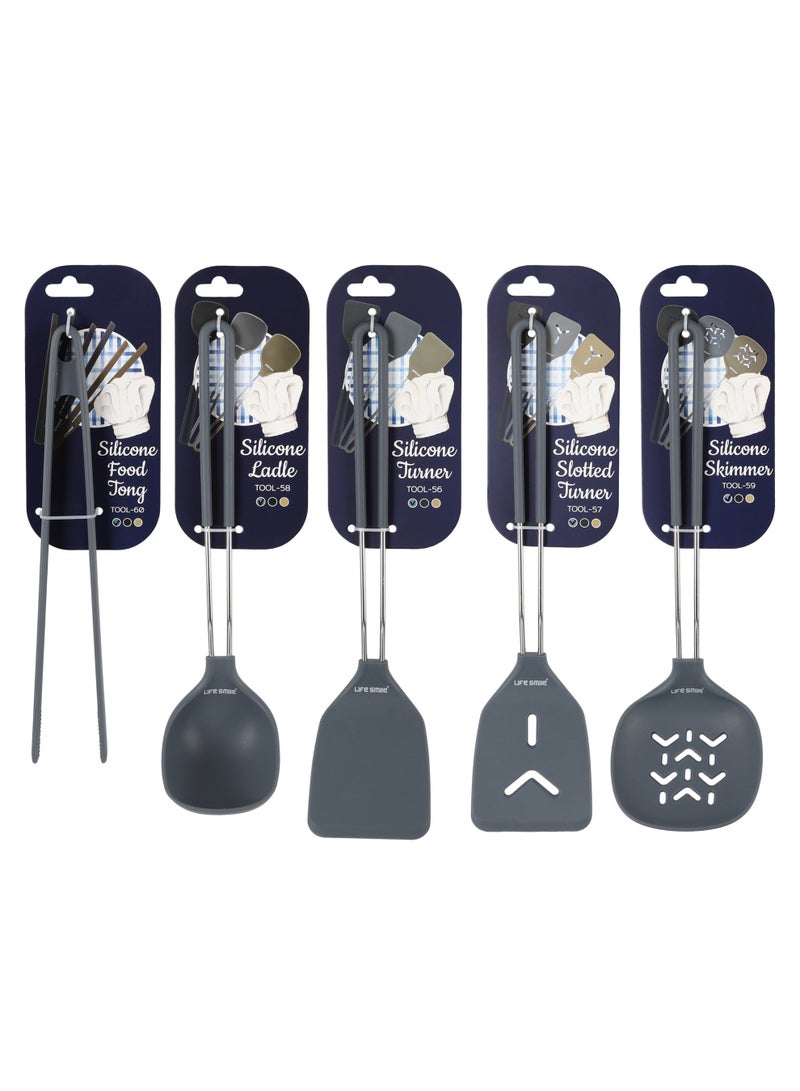 Life Smile Lifesmile Silicone Kitchen Utensils Set (5-Piece) | Ladle, Turner, Slotted Turner, Skimmer & Food Tong | Heat-Resistant - Image 1