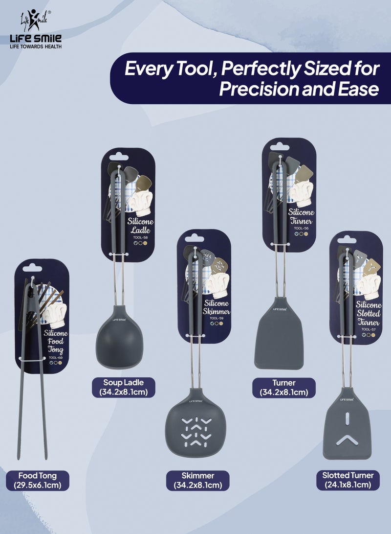 Life Smile Lifesmile Silicone Kitchen Utensils Set (5-Piece) | Ladle, Turner, Slotted Turner, Skimmer & Food Tong | Heat-Resistant - Image 2