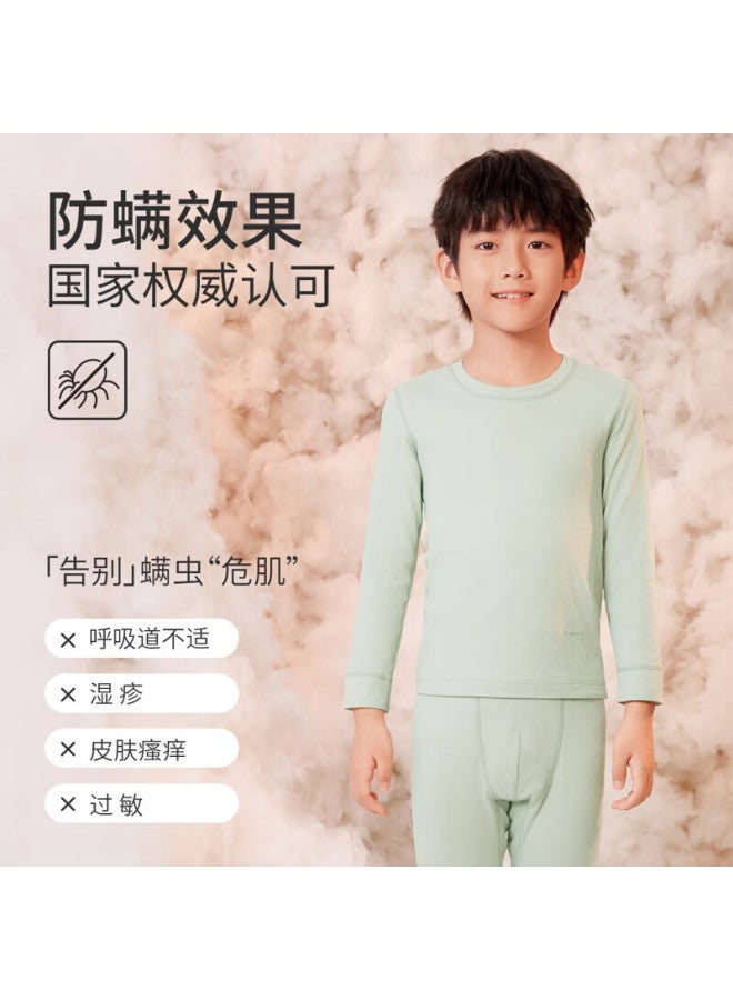 Threegun Kids Class A Fire Cotton Anti-mite Antibacterial Crew Neck Boys' Innerwear Set Windproof Cuffs Light Green 130