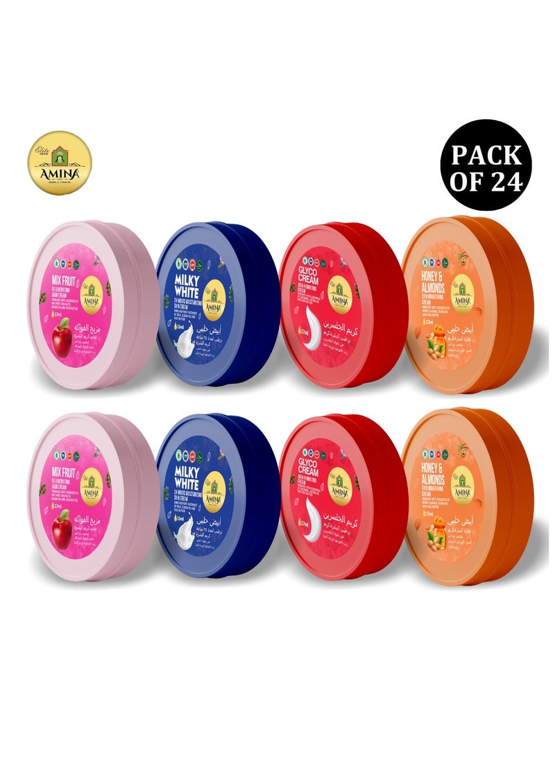 Amina Combo Of Milky, Glyco, Honey & Almond, Mix Fruit Moisturizing Cream with a lightweight, nourishing formula, Beauty cream, Skin Whiting for soft smooth skin, 17 ml (Pack of 24) - Image 1