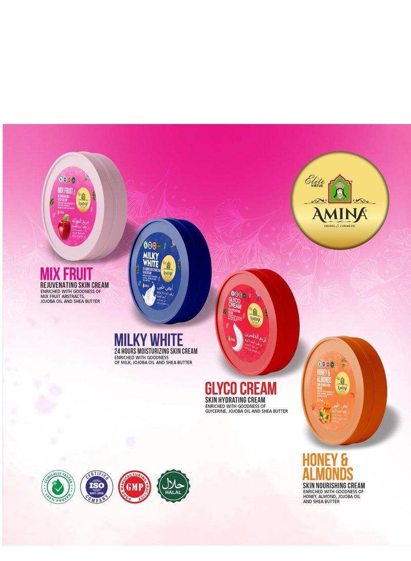 Amina Combo Of Milky, Glyco, Honey & Almond, Mix Fruit Moisturizing Cream with a lightweight, nourishing formula, Beauty cream, Skin Whiting for soft smooth skin, 17 ml (Pack of 24) - Image 4