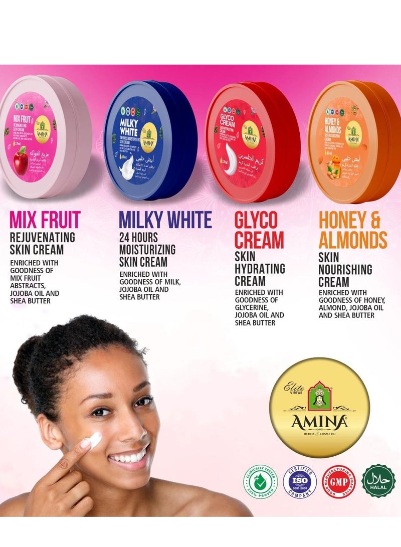 Amina Combo Of Milky, Glyco, Honey & Almond, Mix Fruit Moisturizing Cream with a lightweight, nourishing formula, Beauty cream, Skin Whiting for soft smooth skin, 17 ml (Pack of 24) - Image 3