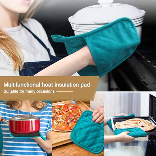 YEKOO 2Pcs Cotton and Neoprene Oven Pads Pot Holders with Pocket 8"x8.5" Dual-Function Hot Pad Set for Finger Hand Wrist Protection Heat Resistant to 428°F Teal,Green - Image 4
