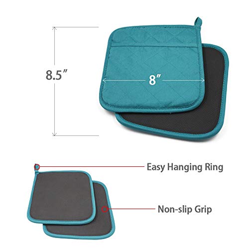 YEKOO 2Pcs Cotton and Neoprene Oven Pads Pot Holders with Pocket 8"x8.5" Dual-Function Hot Pad Set for Finger Hand Wrist Protection Heat Resistant to 428°F Teal,Green - Image 2