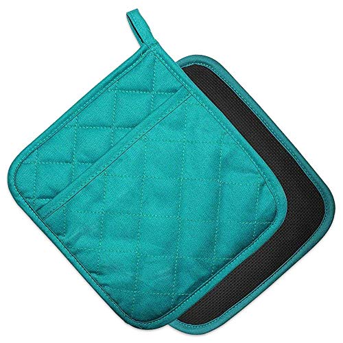 YEKOO 2Pcs Cotton and Neoprene Oven Pads Pot Holders with Pocket 8"x8.5" Dual-Function Hot Pad Set for Finger Hand Wrist Protection Heat Resistant to 428°F Teal,Green - Image 1
