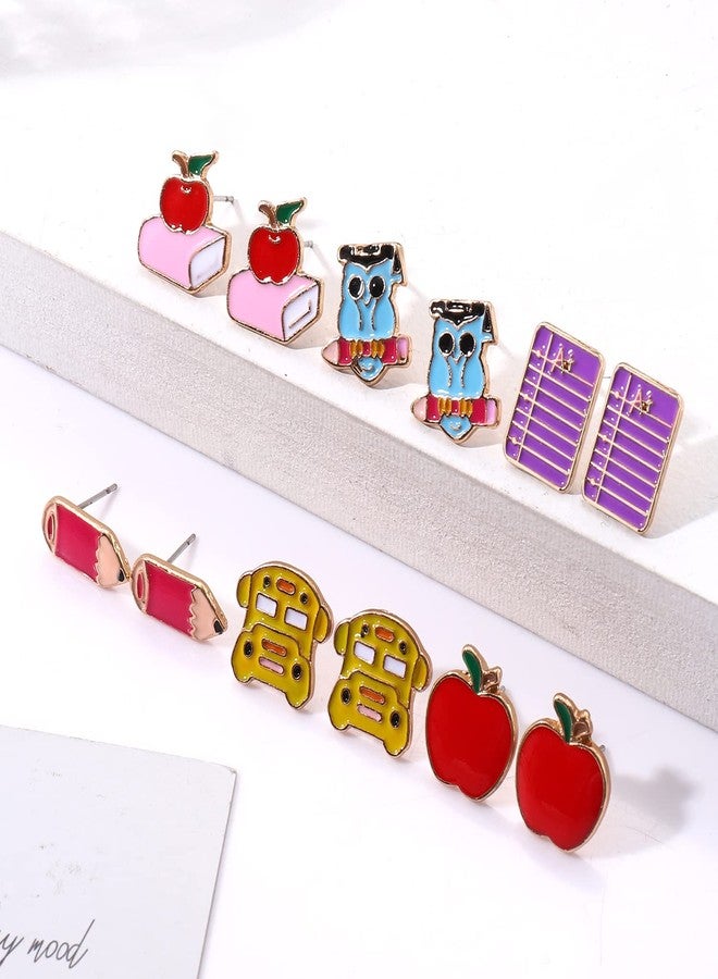 NLCAC Teacher Stud Earrings for Women Colorful Enamel Pencil Book Back To School Earrings Teacher Appreciation Gifts 6 Pairs - Image 4