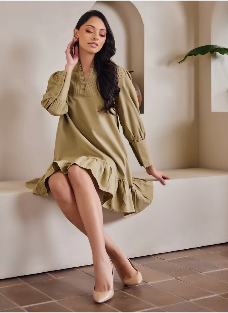 Zigzag Pintuck Linen Long Sleeve Comfy Dress