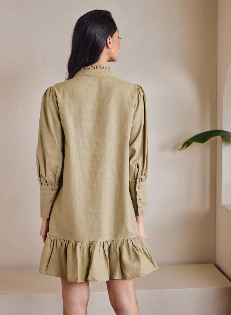 زجزاج فستان كتان مريح بأكمام طويلة وتفاصيل البينتاك