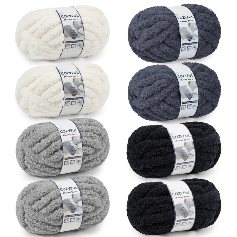 Cozyful Chunky Yarn for Hand Knitting - #10 Chunky Chenille Yarn, Jumbo Big Thick Chunky Yarns for Crocheting, Super Bulky Chunky Knit Blanket Yarns, 8 Skein (25yd, 8oz/Skein), Cream & Multi Grey - Image 1