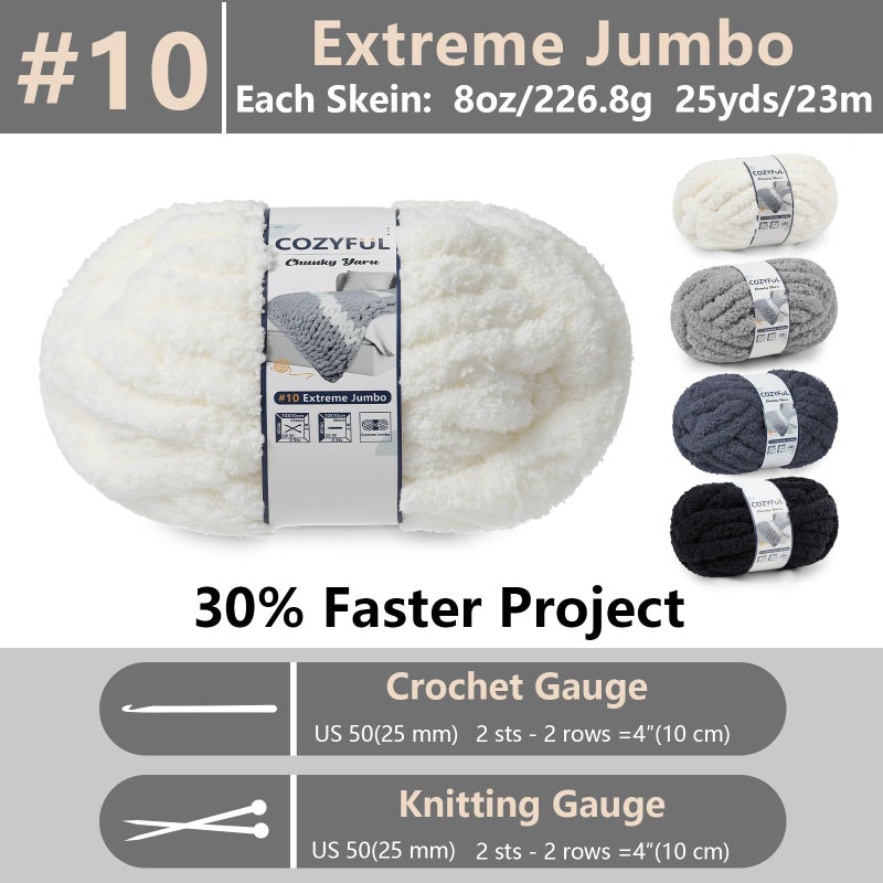 Cozyful Chunky Yarn for Hand Knitting - #10 Chunky Chenille Yarn, Jumbo Big Thick Chunky Yarns for Crocheting, Super Bulky Chunky Knit Blanket Yarns, 8 Skein (25yd, 8oz/Skein), Cream & Multi Grey - Image 2