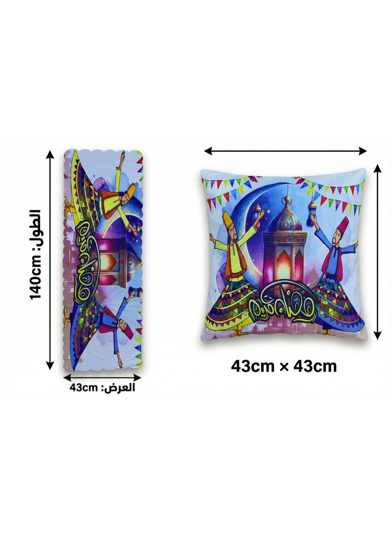 طقم زينة رمضان كريم - مفرش طاولة (140×43 سم) مع 2 كيس خدادية (43×43 سم) بتصميم التنورة والفانوس التقليدي - Image 2