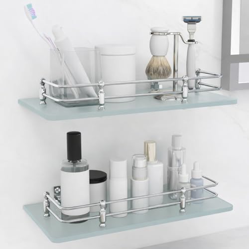 FORTUNE Multi-Purpose Wall Hung (Frosted) Glass Front Bathroom Shelf with Wall Brackets, Storage Holder, 12 x 6 Inch - (Pack of 2) - Image 2