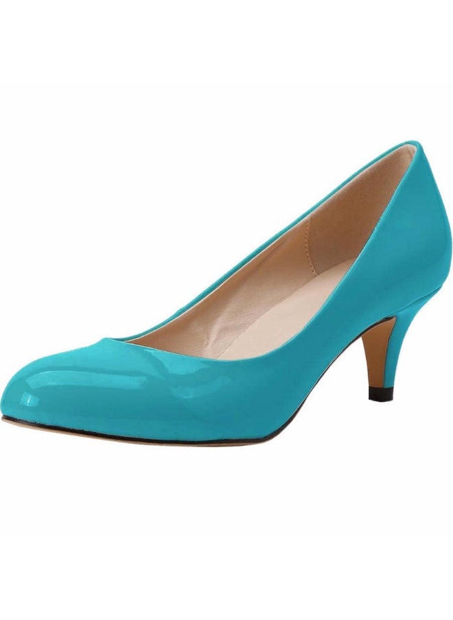 Loquat All-Season Pointed Toe Low-Cut Low-Vamp Patent Leather Mid Heel Bridesmaid Wedding Shoes turquoise  - Image 2