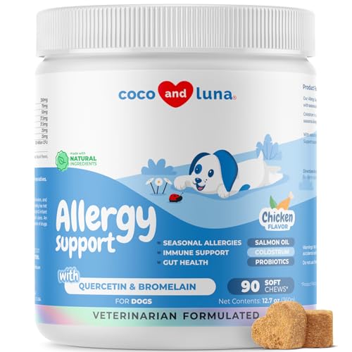 Coco and Luna Dog Allergy Relief - Itching Skin Support - Anti-Itch Skin and Coat Supplement, with Probiotics, Salmon Oil, Colostrum, Quercetin, Turmeric - Dog Allergy Chews for Seasonal Allergies, Immunity Support - Image 1