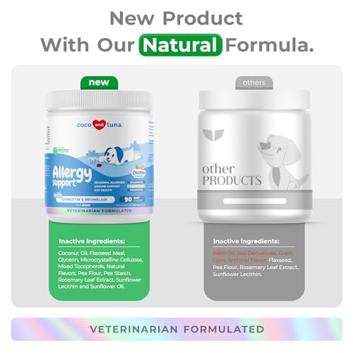 Coco and Luna Dog Allergy Relief - Itching Skin Support - Anti-Itch Skin and Coat Supplement, with Probiotics, Salmon Oil, Colostrum, Quercetin, Turmeric - Dog Allergy Chews for Seasonal Allergies, Immunity Support - Image 5