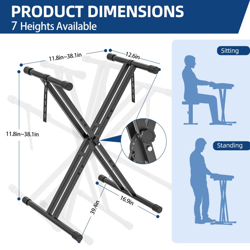 GLEAM Keyboard Stand and Bench Set, Double X Style Digital Piano Stand Height from 19" to 38", Heavy Density Foam Padded Stool from 14" to 18" Black - Image 2