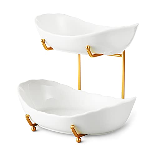 HOMKULA 2 Tier Ceramic Fruit Bowl for Kitchen Counter, Tiered Fruit Basket for Countertop, Modern Multi Layer Fruit Display Stand for Party, Cute & Small (Gold&White) - Image 1