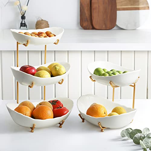 HOMKULA 2 Tier Ceramic Fruit Bowl for Kitchen Counter, Tiered Fruit Basket for Countertop, Modern Multi Layer Fruit Display Stand for Party, Cute & Small (Gold&White) - Image 2