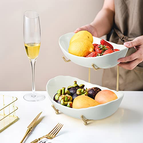 HOMKULA 2 Tier Ceramic Fruit Bowl for Kitchen Counter, Tiered Fruit Basket for Countertop, Modern Multi Layer Fruit Display Stand for Party, Cute & Small (Gold&White) - Image 5