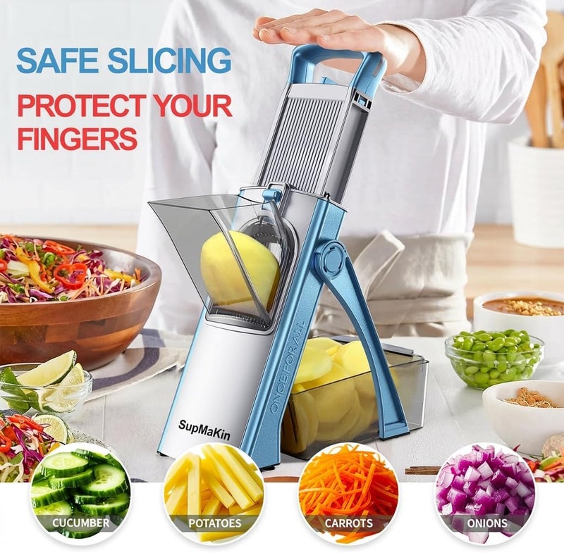 SupMaKin Safe Vegetable Chopper, Mandoline Slicer Large Capacity, 5 in 1 Kitchen Chopping Artifact for Vegetable & Fruits Cutter, Julienne, Dicer, Thickness Adjuster Quick & Easy Meal Prep (Blue) - Image 3