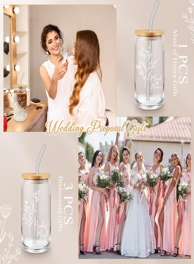 Layhit 4 Pcs Bridesmaid Gifts Bridesmaid Proposal Gifts 16 Oz Cute Can Shaped Drinking Glasses with Bamboo Lids and Glass Straw Iced Coffee Cup Mason Jar Cups for Engagement Wedding Bridal - Image 4