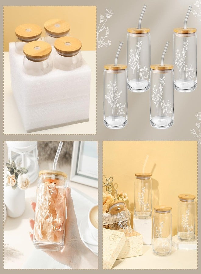 Layhit 4 Pcs Bridesmaid Gifts Bridesmaid Proposal Gifts 16 Oz Cute Can Shaped Drinking Glasses with Bamboo Lids and Glass Straw Iced Coffee Cup Mason Jar Cups for Engagement Wedding Bridal - Image 3