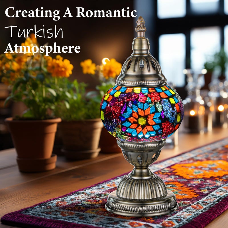 Marrakech Turkish Table Lamp with Bronze Baseï¼ŒHandmade Colorful Moroccan Tiffany Style Mosaic Glass Night Stand Light Fixture Including LED Bulb for Living Room Bedroom Decor (Colorful1) - Image 2