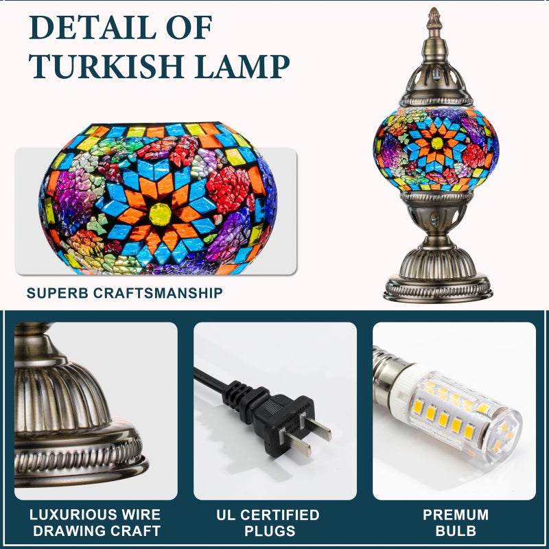 Marrakech Turkish Table Lamp with Bronze Baseï¼ŒHandmade Colorful Moroccan Tiffany Style Mosaic Glass Night Stand Light Fixture Including LED Bulb for Living Room Bedroom Decor (Colorful1) - Image 4