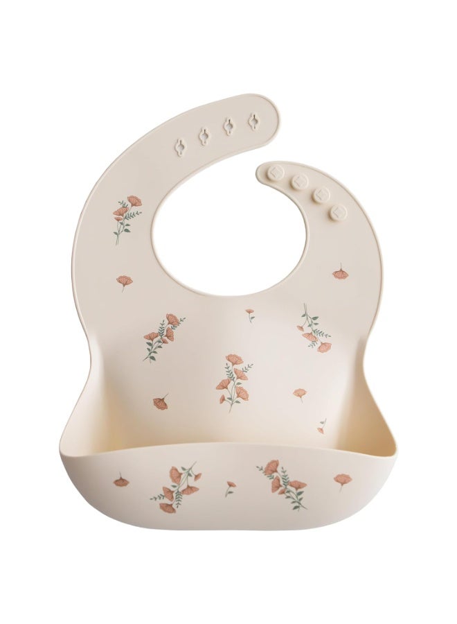 mushie Silicone Baby Bib | Adjustable Fit Waterproof Bibs (Pink Flowers) - Image 1