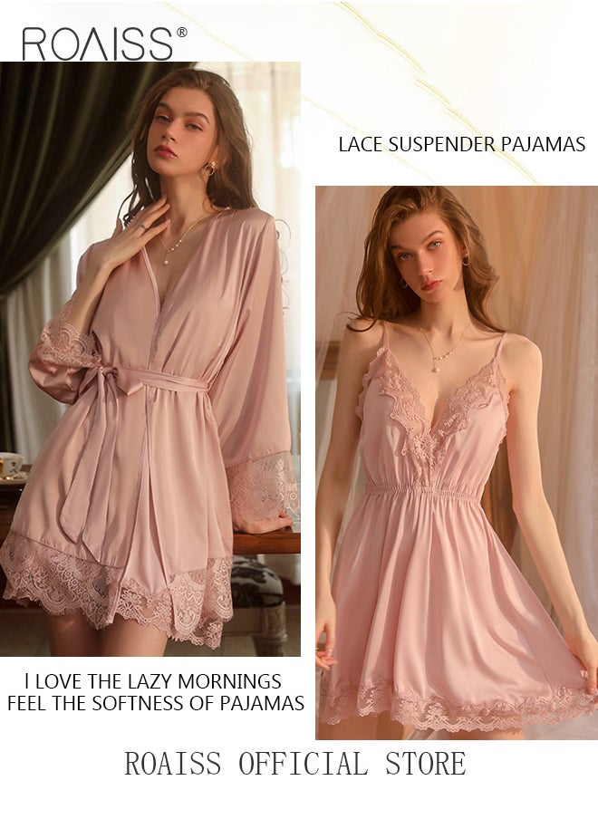 2-Piece Set of Women Pajamas with V-Neck Design Women Home Wear Set Same Color Outer Robe and Lace Element Nightgown - pzsku/Z0339477CB5CEFF023D36Z/45/_/1715571072/6b4df54e-18f6-4fe9-b9c0-155bdb519de4