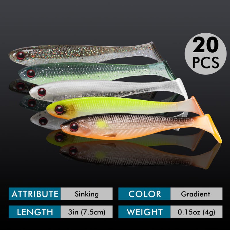 TRUSCEND 20PCS Soft Fishing Lures, Paddle Tail Swimbaits, Fishing Lures for Bass Trout Crappie Walleye, Durable Plastic Bait for Bass Fishing, Shad Fishing Bait for Freshwater Saltwater - Image 2