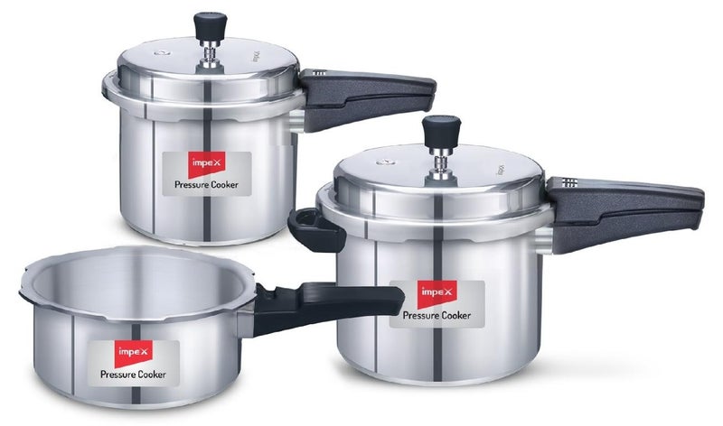 Impex 5, 3, 2Liters 5L, 3L & 2Lliters Impex Aluminium Pressure Cooker Combo With Outer Lid Induction And Gas Stove Compatible Pressure Cooker For Healthy Cooking, 5 Years Warranty (2 Litres, 3 Litres And 5 Litres), Silver Silver Silver - Image 1