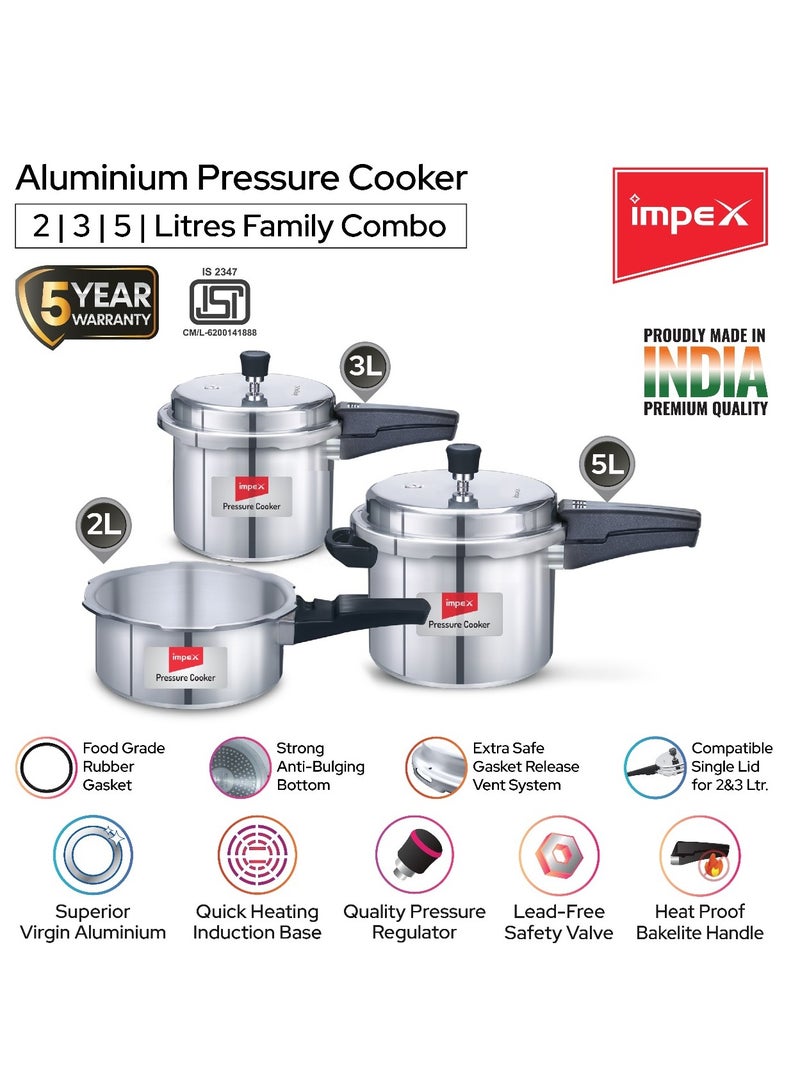 Impex 5L, 3L & 2LLiters Impex Aluminium Pressure Cooker Combo With Outer Lid Induction And Gas Stove Compatible Pressure Cooker For Healthy Cooking, 5 Years Warranty (2 Litres, 3 Litres And 5 Litres), Silver Silver - Image 2