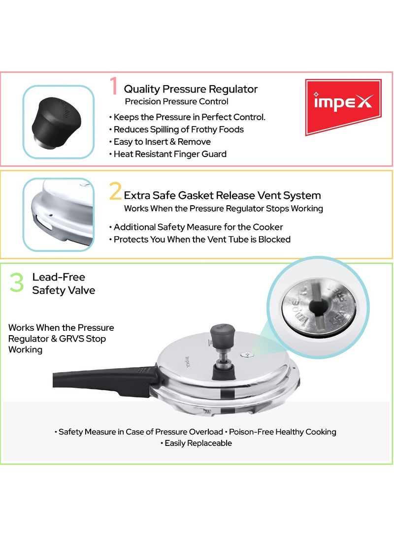 Impex 5L, 3L & 2LLiters Impex Aluminium Pressure Cooker Combo With Outer Lid Induction And Gas Stove Compatible Pressure Cooker For Healthy Cooking, 5 Years Warranty (2 Litres, 3 Litres And 5 Litres), Silver Silver - Image 5