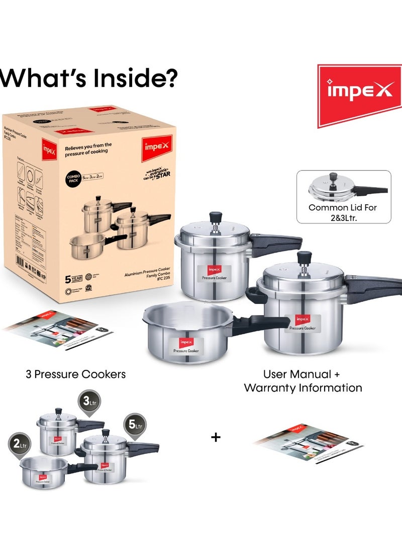 Impex 5L, 3L & 2LLiters Impex Aluminium Pressure Cooker Combo With Outer Lid Induction And Gas Stove Compatible Pressure Cooker For Healthy Cooking, 5 Years Warranty (2 Litres, 3 Litres And 5 Litres), Silver Silver - Image 3