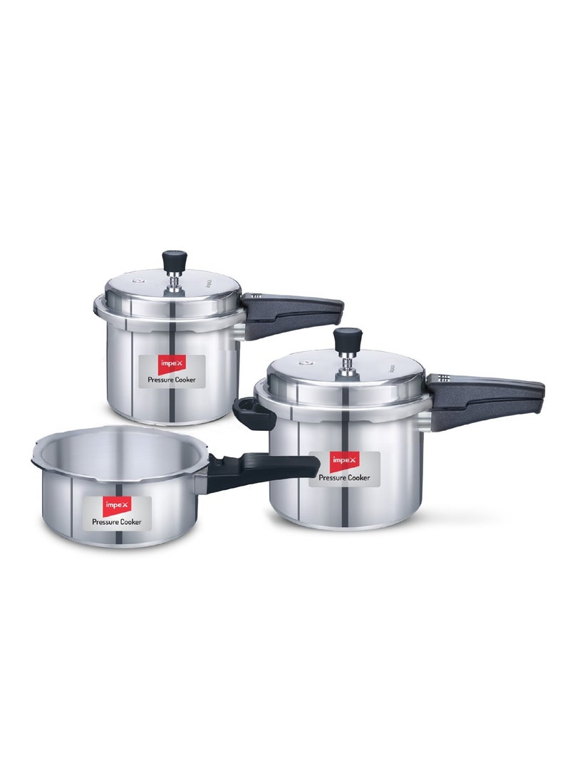Impex 5L, 3L & 2LLiters Impex Aluminium Pressure Cooker Combo With Outer Lid Induction And Gas Stove Compatible Pressure Cooker For Healthy Cooking, 5 Years Warranty (2 Litres, 3 Litres And 5 Litres), Silver Silver - Image 1