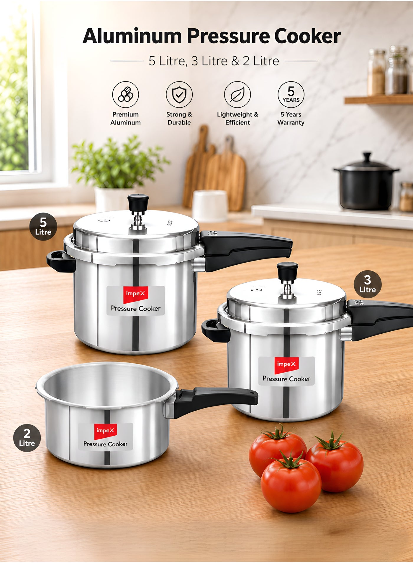 5, 3, 2Liters 5L, 3L & 2Lliters Impex Aluminium Pressure Cooker Combo With Outer Lid Induction And Gas Stove Compatible Pressure Cooker For Healthy Cooking, 5 Years Warranty (2 Litres, 3 Litres And 5 Litres), Silver Silver Silver