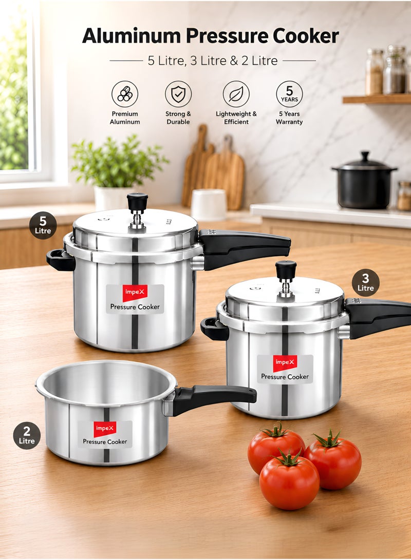 Impex 5, 3, 2Liters 5L, 3L & 2Lliters Impex Aluminium Pressure Cooker Combo With Outer Lid Induction And Gas Stove Compatible Pressure Cooker For Healthy Cooking, 5 Years Warranty (2 Litres, 3 Litres And 5 Litres), Silver Silver Silver - Image 1
