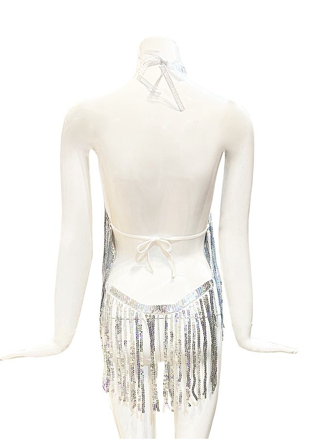 CSDONA Tassel Sequin Bodysuit for Women – Shiny Sleepwear with Fringe Detail, Elegant Intimate Outfit  - Image 2