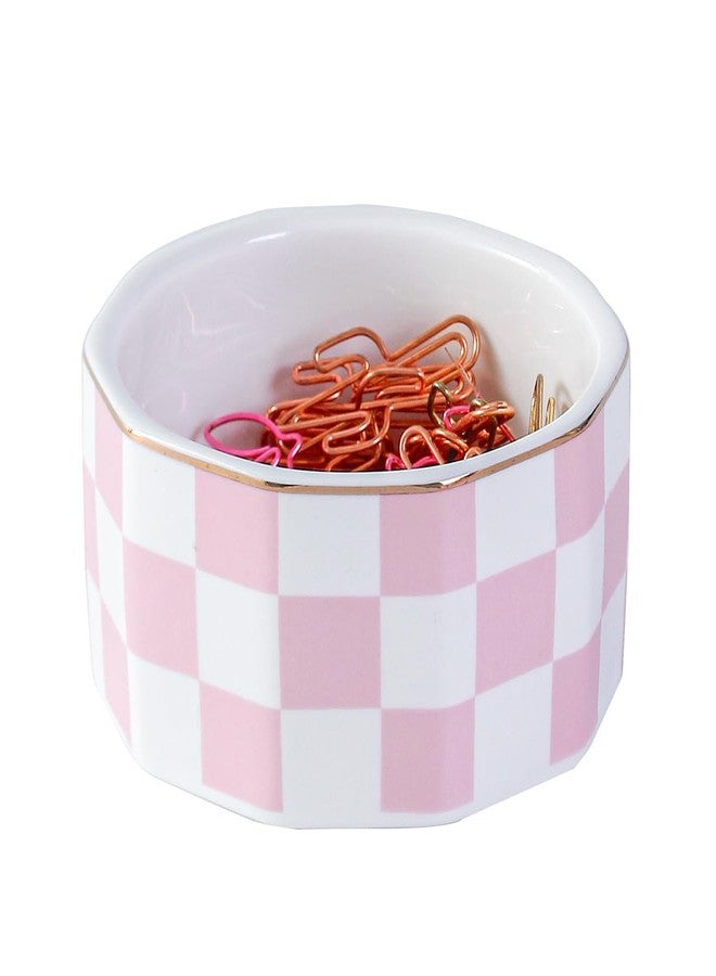 YOSCO Paper Clip Holder Ceramic Checkered Paper Clip Dispenser for Desk Paper Clip Organizer Cute Office Desktop Decor Binder Clip Holder (Pink-02) - Image 1