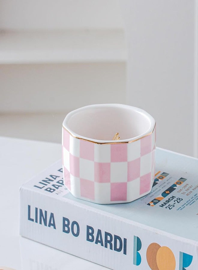YOSCO Paper Clip Holder Ceramic Checkered Paper Clip Dispenser for Desk Paper Clip Organizer Cute Office Desktop Decor Binder Clip Holder (Pink-02) - Image 4