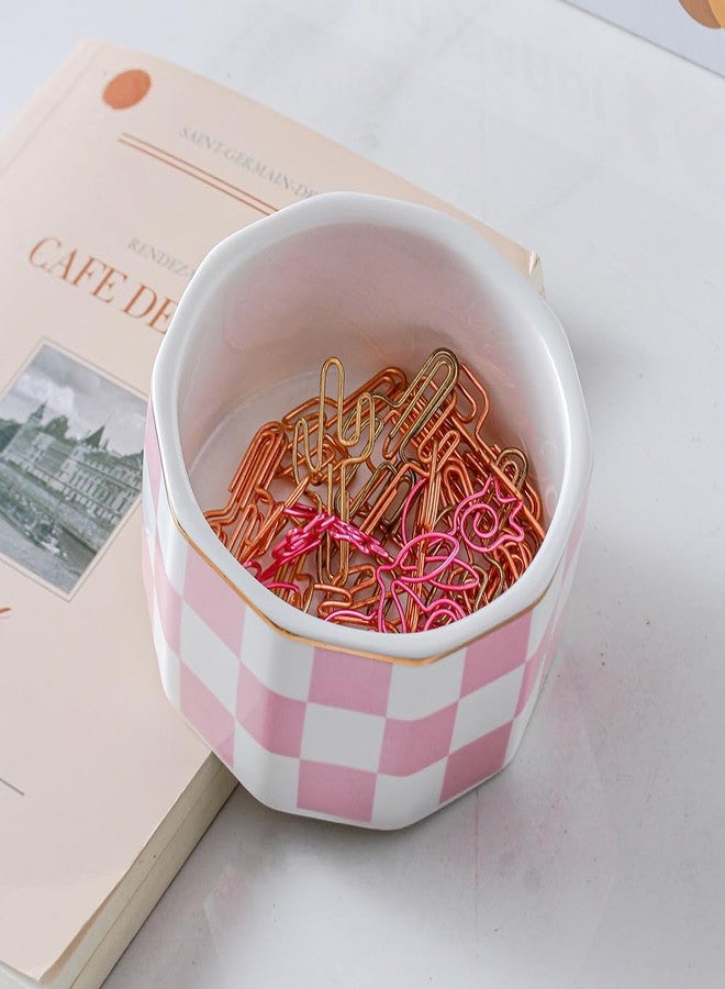 YOSCO Paper Clip Holder Ceramic Checkered Paper Clip Dispenser for Desk Paper Clip Organizer Cute Office Desktop Decor Binder Clip Holder (Pink-02) - Image 5