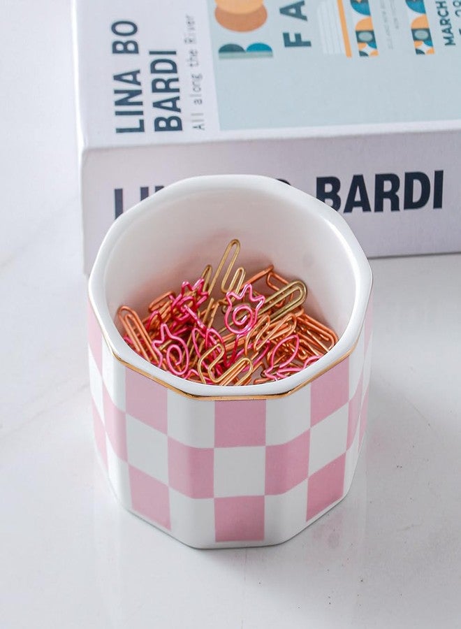 YOSCO Paper Clip Holder Ceramic Checkered Paper Clip Dispenser for Desk Paper Clip Organizer Cute Office Desktop Decor Binder Clip Holder (Pink-02) - Image 3