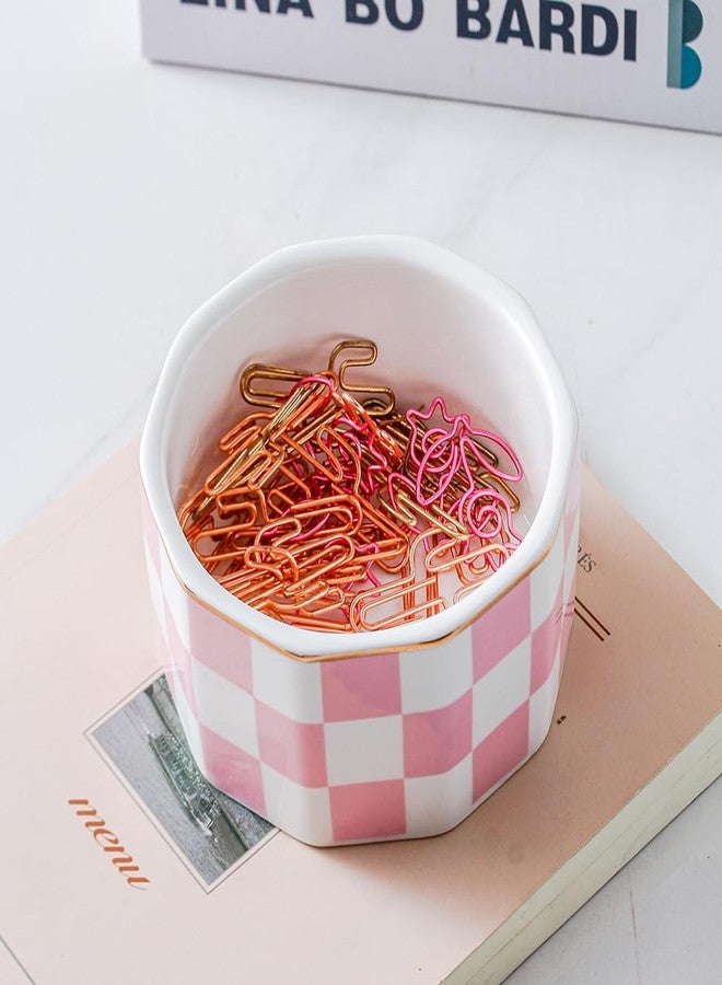YOSCO Paper Clip Holder Ceramic Checkered Paper Clip Dispenser for Desk Paper Clip Organizer Cute Office Desktop Decor Binder Clip Holder (Pink-02) - Image 2
