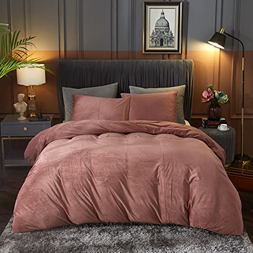 Ivellow Velvet Duvet Cover Queen Size 3 Pcs Flannel Blush Pink Duvet Cover Queen Velvet Comforter Cover Bedding Set Ultra Soft Cozy Solid Luxury Velour Duvet Cover Set Zipper Closure Corner Ties - Image 1
