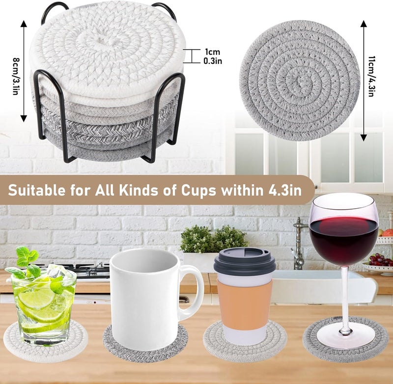 OIAHOMY 8 Pcs Coasters with Holder, Coasters for Drinks, Woven Cotton Absorbent Coaster Set for Kinds of Cups, Housewarming Gifts for Home Decor -Grey - Image 2
